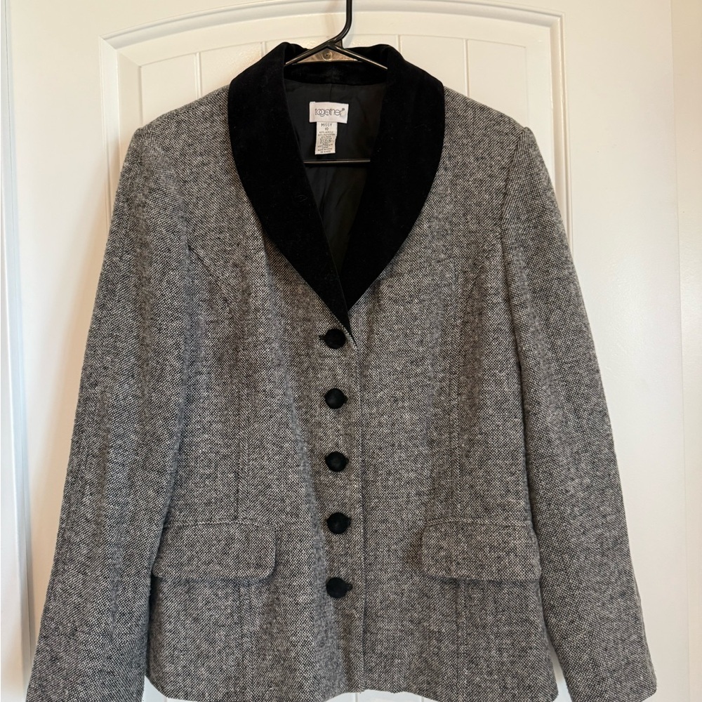 VINTAGE Gray Women's Blazer Jacket Black Velvet Details - Size 10